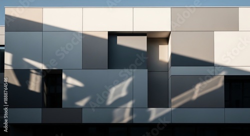 Abstract geometric facade of a modern building with sunlight and shadows Keywords: building