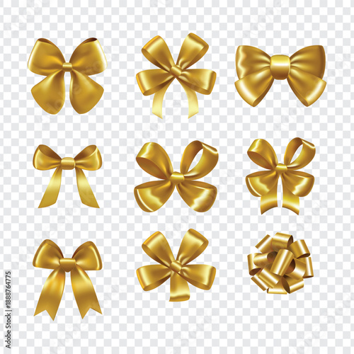 Gold ribbon and bow top view on transparent background