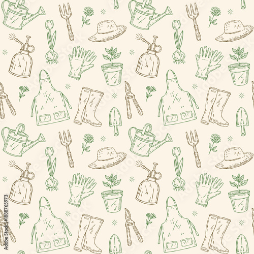 Hand-drawn seamless vector pattern of gardening and farm tools. Includes watering can, apron, sprayer, trowel, rake, gardening clothes, and plants. Perfect for spring and gardening projects