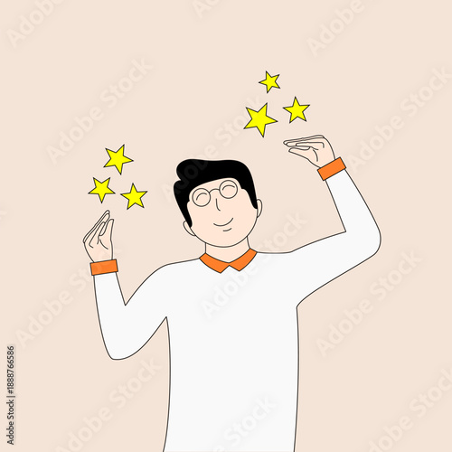 Man is holding up five stars in the air