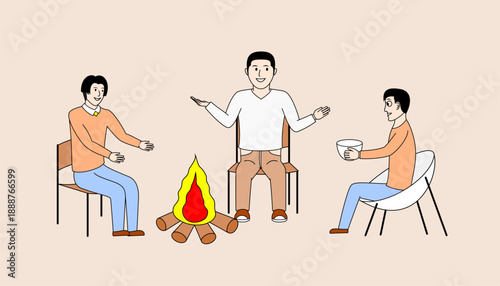 Three men sitting around a fire, they are having a casual chat