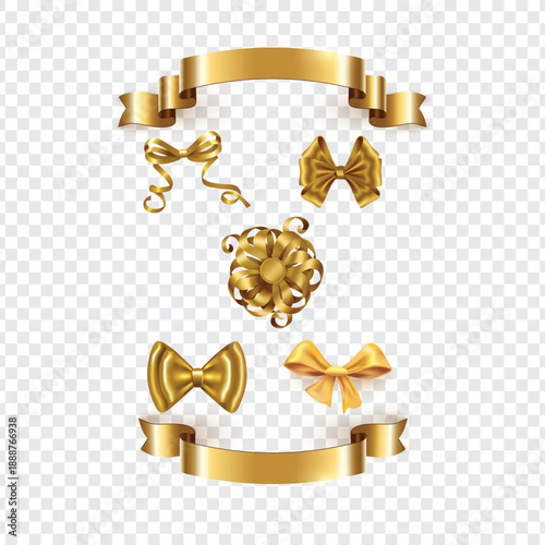 Gold ribbon and bow top view on transparent background