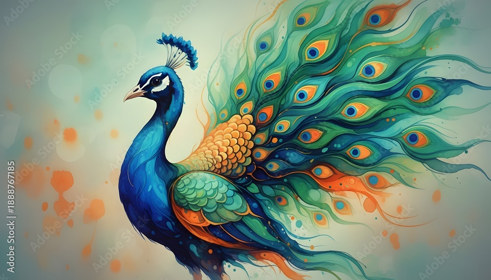Fototapeta premium Vibrant Watercolor Peacock with Flowing Feathers