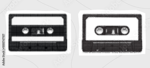 Two black and white illustrations of vintage audio cassette tapes, showcasing their classic design and retro appeal for music and sound recording.