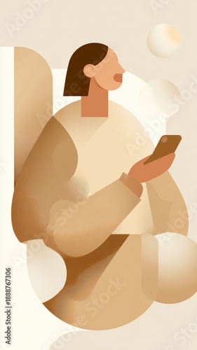 soft minimal flat illustration of a woman holding a smartphone, warm pastel beige and sand tones and abstract geometrical shapes, vertical for social media stories and carousels