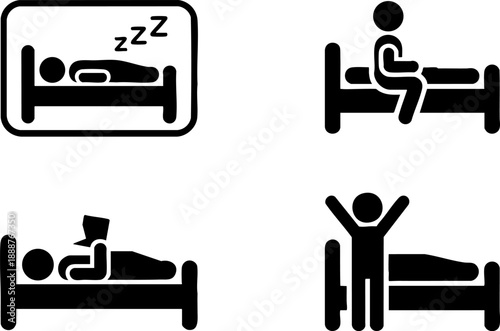 Sleeping and Rest Icon Set – Sleep, Bedtime, Reading in Bed, and Wake Up Morning Vector EPS Pack