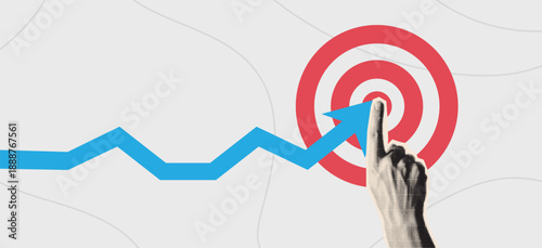 A hand pointing directly at the center of a red target, with a blue upward-trending arrow indicating progress and the achievement of business goals.