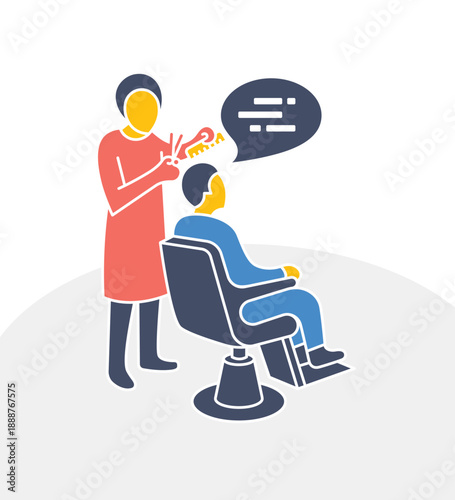 Quirky illustration of a hairdresser cutting hair with scissors. Concept of beauty salon, grooming, and style transformation in distorted vector art.
