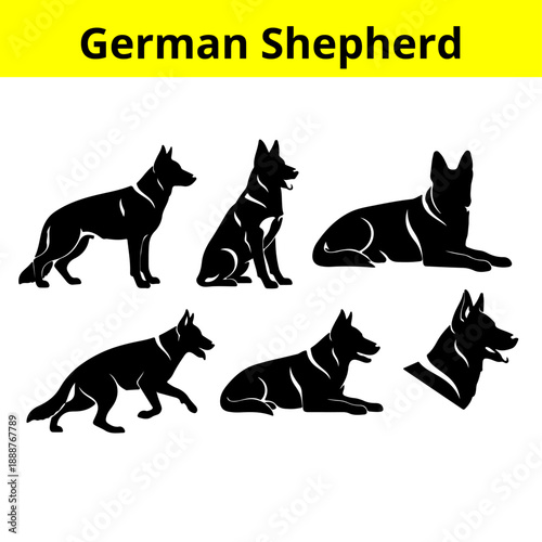 German Shepherd Dog Silhouette Stunding on White Background