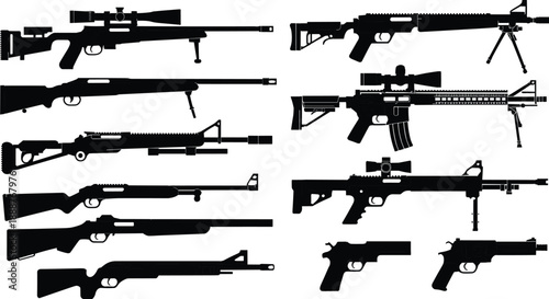 Vector silhouette set of modern firearms including sniper rifles, assault rifles, tactical shotguns, and handguns for military and gaming design