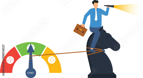 Business strategy cost management illustration showing businessman riding chess knight pulling financial planning meter for budget control and future vision success concept