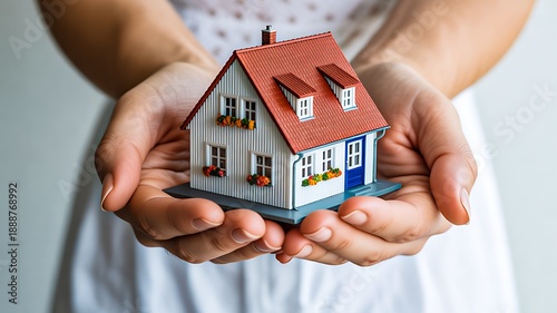 Small house model held in hands for property concept
