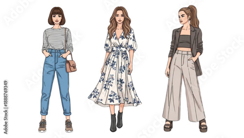 Fashion illustration of three women showcasing diverse outfits and styles in a modern setting from a front viewpoint