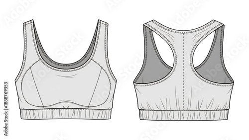 Technical illustration of sports bra front and back views on white background