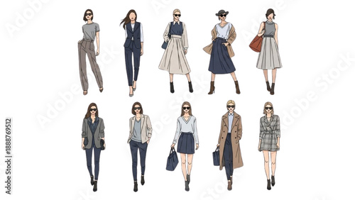 Fashionable women walking alone in various outfits on a city street
