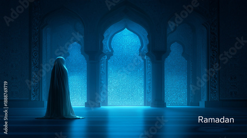 A lone figure stands in contemplation, enveloped in the ethereal blue glow of an ancient mosque archway, creating a sense of spirituality. 