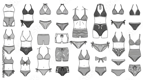 Variety of Women's Swimwear and Undergarments Illustrated in Different Styles and Designs