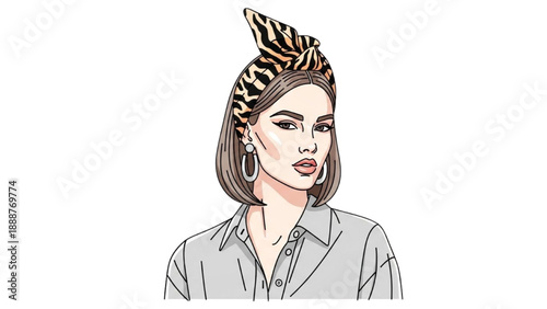 Illustration of a fashionable woman wearing a leopard print headband and earrings from a front viewpoint