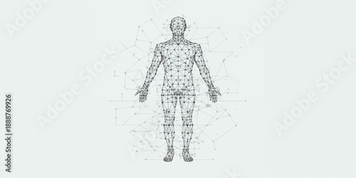 A human form woven from data—interconnected nodes and lines reveal the fusion of biology and technology, symbolizing digital identity, artificial intelligence, and the anatomy of networks.