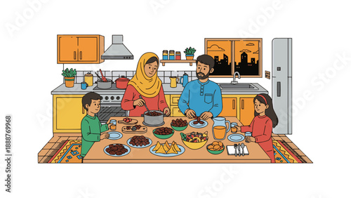 Doodle Muslim family preparing iftar together in kitchen, flat solid color illustration.