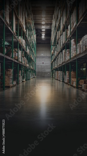pallets. Warehouse interior at dawn illuminated by green scanning lights along aisles. safety posters, maintenance manuals, designed for industrial assembly lines and welding operations.
