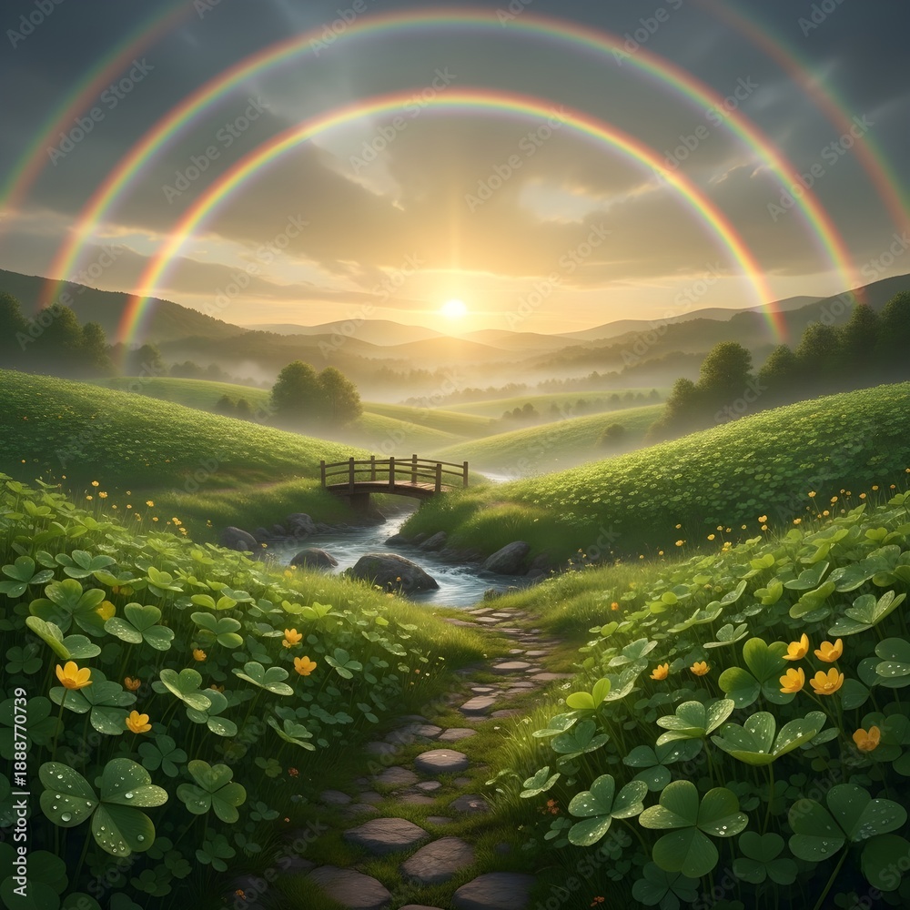 Obraz premium Vibrant Clover Field Under Double Rainbow, St. Patrick's Day Luck, Generative AI