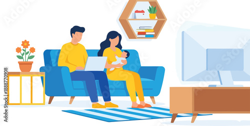 Cozy Home Moment: A family, immersed in a moment of tranquility, unwinds together in a comfortably furnished living room. The scene depicts connection and peaceful togetherness.