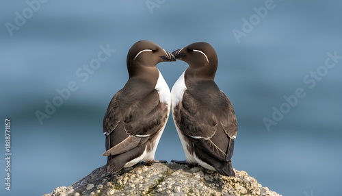 Brown Birds Kissing on Rock by Ocean