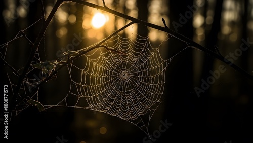 Spider web covered with dew drops hanging on tree branch in forest with beautiful sun bokeh background