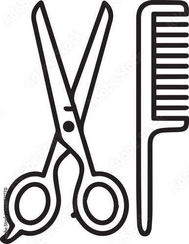 Simple line art icon of scissors and comb for hairdressing