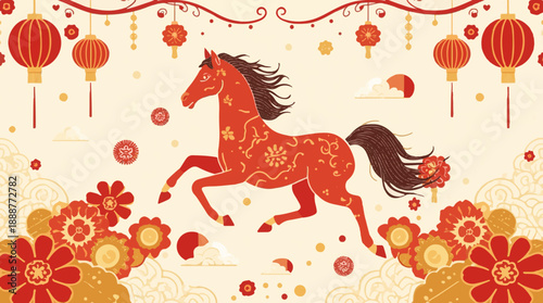 Vector template featuring a Chinese New Year horse pattern with a modern flat design style, incorporating bold lines, geometric shapes, and vibrant colors