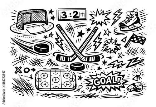 Hockey rink elements with net, skates, puck, and helmet on black background