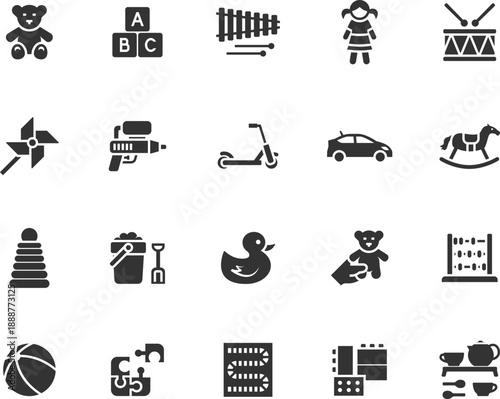 Vector set of toy flat icons. Contains icons teddy bear, doll, xylophone, board game, drum, abacus, rocking horse and more. Pixel perfect.