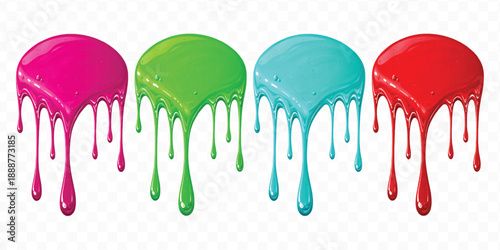 realistic 3d glossy liquid paint droplets dripping down in different color style isolated on transparent background
