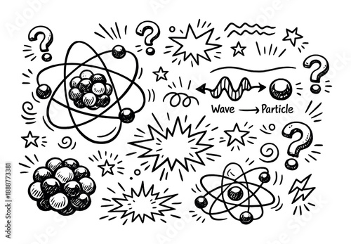Atomic structure and quantum mechanics doodles on dark background