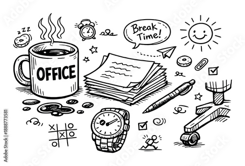 Doodle art: office break time with coffee, papers, and watches