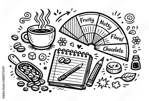 Coffee tasting and flavor profile doodle with notebook, beans, and tools