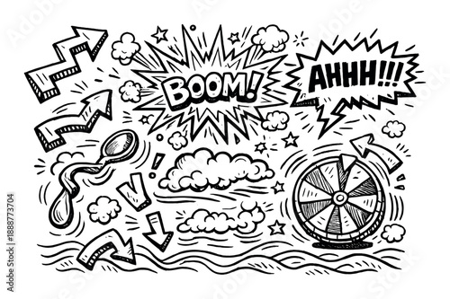 Dynamic black and white comic explosion with arrows and clouds