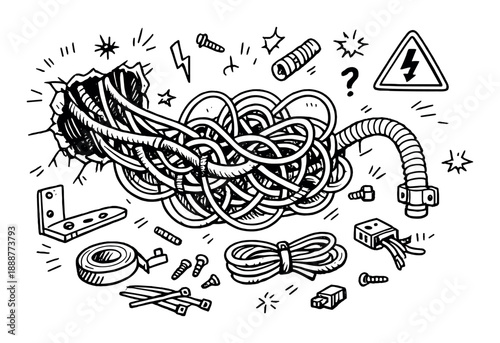 Chaotic tangle of cables and tools with electrical symbols on black background
