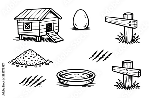 Black and white chicken coop with egg and wooden signpost illustration