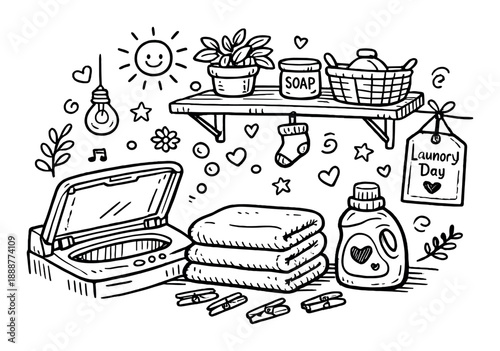 Hand-drawn laundry room with washing essentials, sun, plants, and hearts