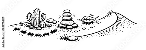 Desert scene with cactus, stone cairn, leaf, and sand dune illustration
