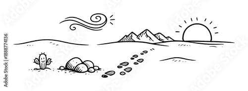 Monochrome desert landscape with cactus and footprints at sunset