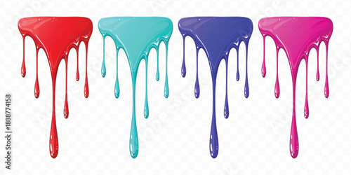 realistic 3d glossy liquid paint droplets dripping down in different color style isolated on transparent background