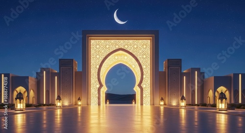 Ramadan Kareem celebration with illuminated mosque gate and crescent moon at night.