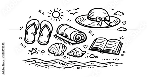 Beach essentials: hat, flip flops, towel, shells, starfish, open book