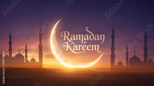 Ramadan Kareem greeting with mosque and crescent moon at sunset