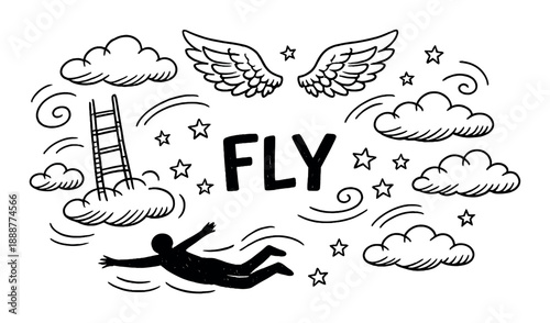 Dreamlike night scene with flying silhouette and magical elements in the sky