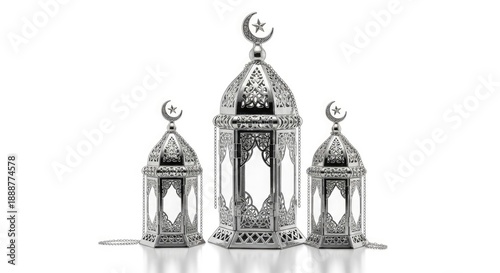 Three Ornate Silver Islamic Lanterns with Crescent Moon Toppers.