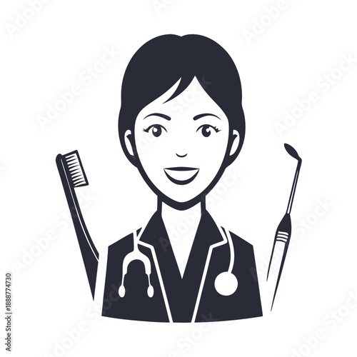 Minimalist Dentist and Dental Tool Outline Icon for Stomatology Services